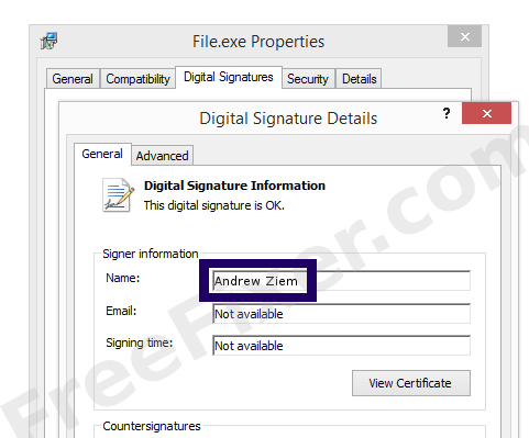 Screenshot of the Andrew Ziem certificate
